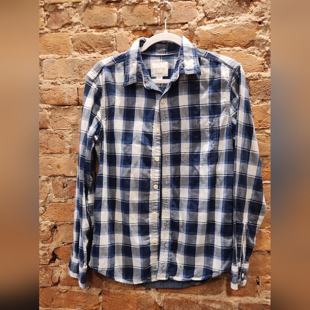 Blue and White Plaid Men's Button-Up Shirt